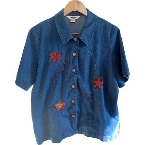 Alia Blue Denim Button-Down Shirt with Red Floral Embroidery